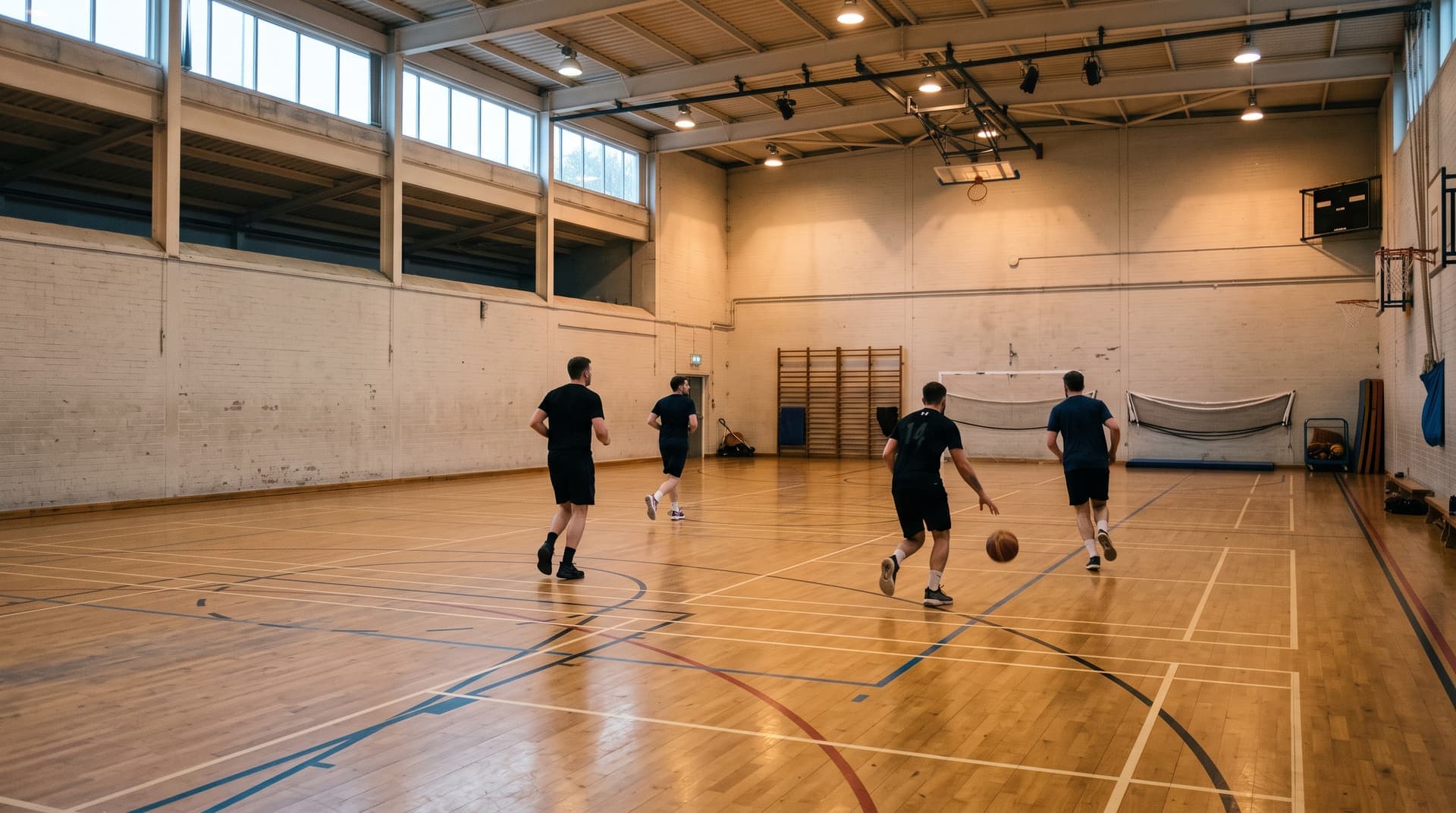 Adult players running a drill in a British municipal sports hall