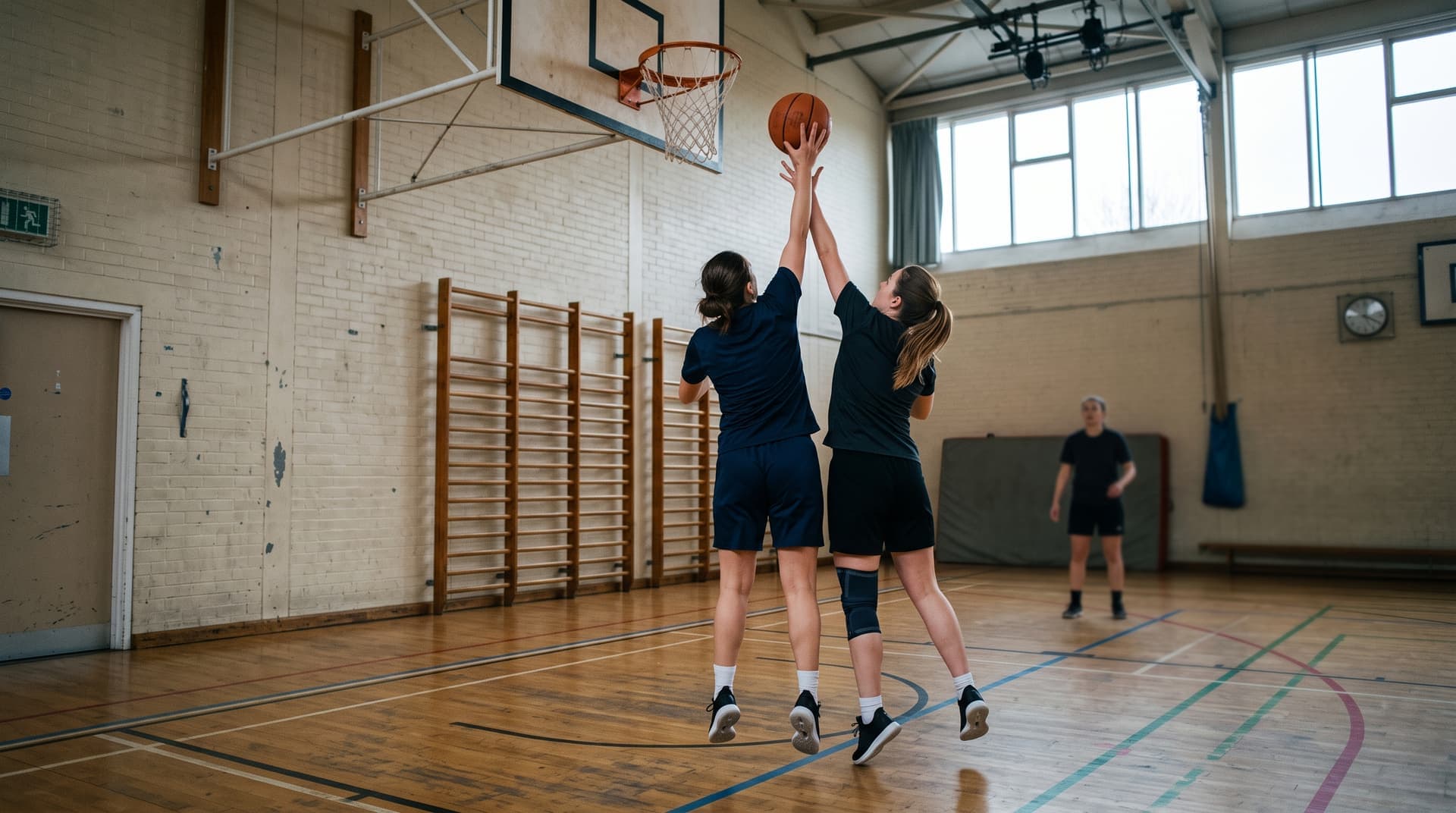 Two players contesting a rebound in a British sports hall