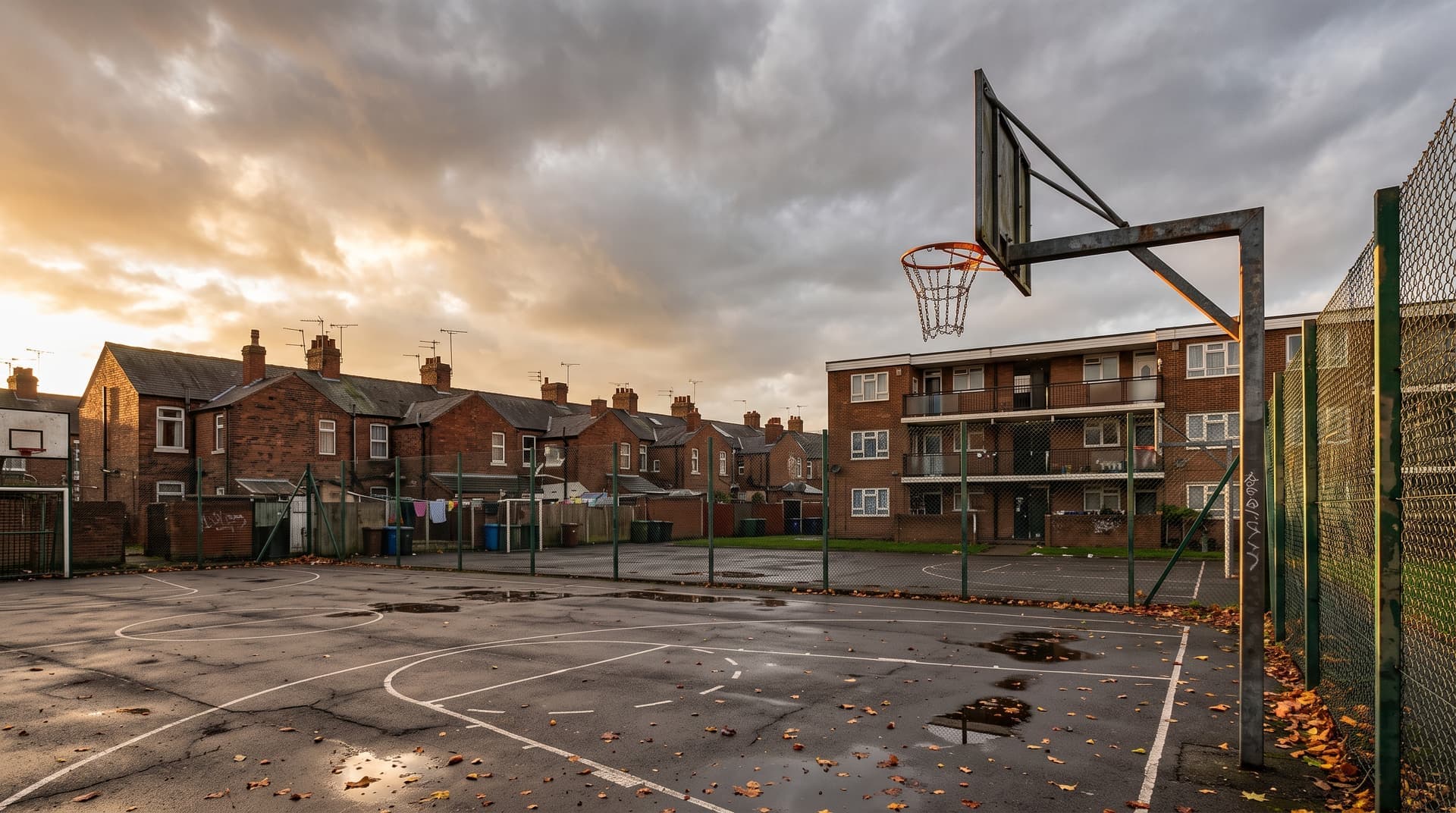An outdoor basketball court on a British housing estate at dusk