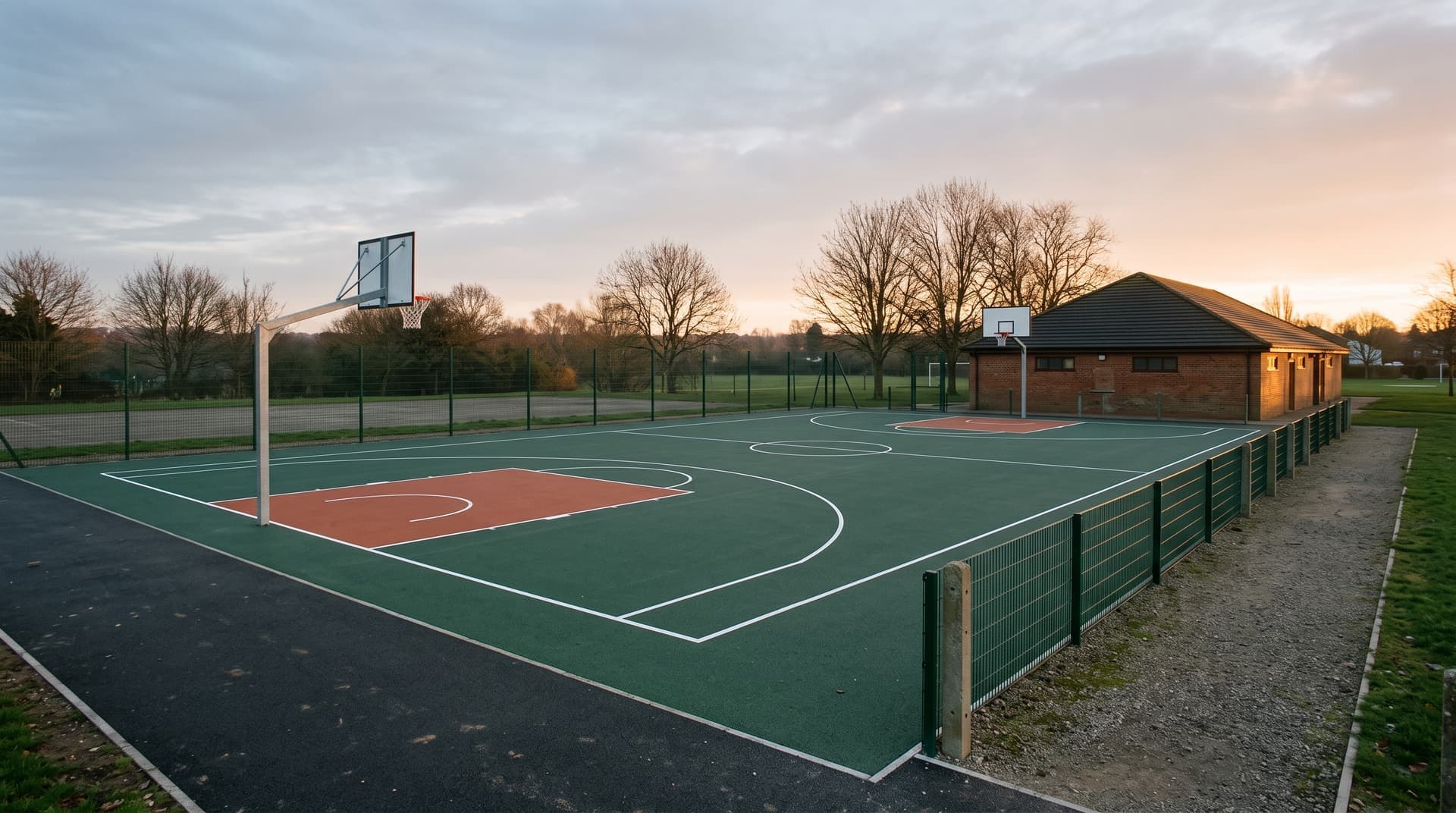 A newly resurfaced community basketball court at sunrise