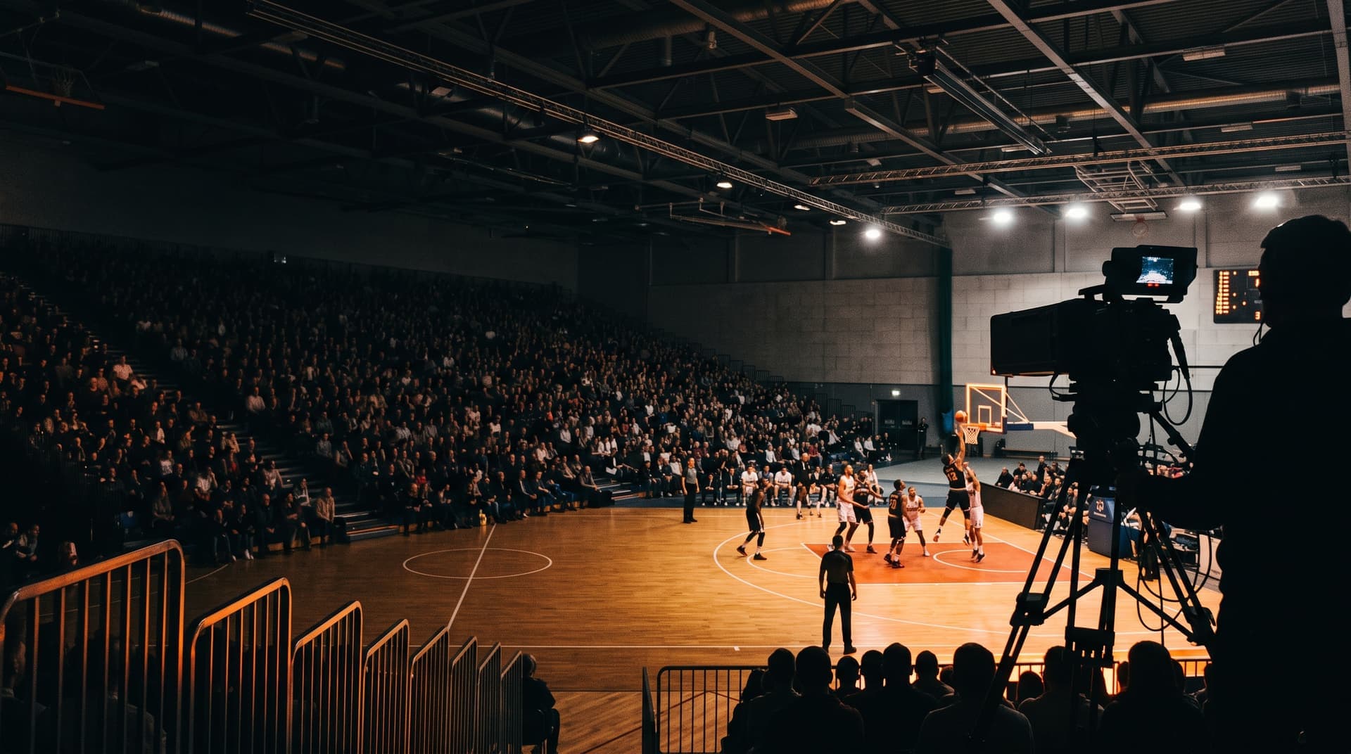 A televised basketball fixture in a packed British arena