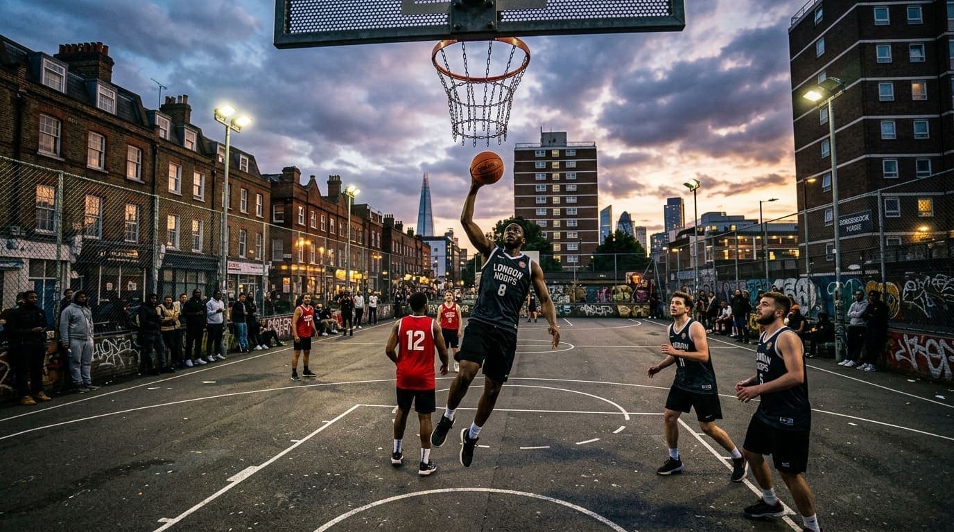 British street basketball court at twilight